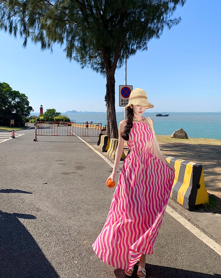 Boho-Inspired A-Line Cinched-Waist Maxi Dress Sweet Cutout Backless Stripes Print Halter Long Dress AP3472