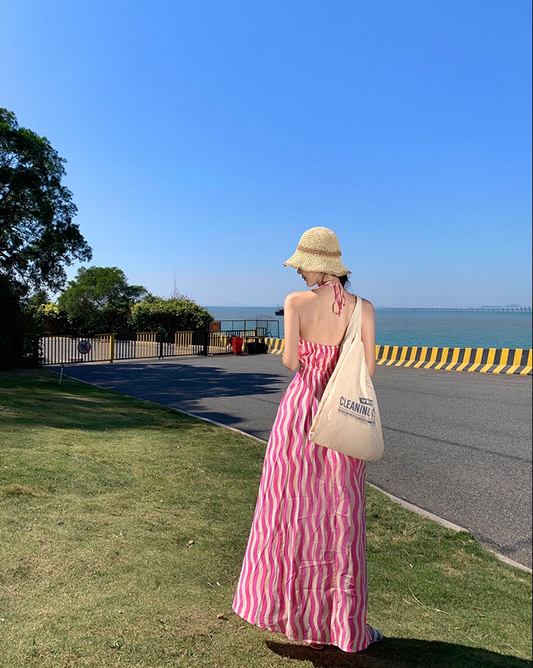 Boho-Inspired A-Line Cinched-Waist Maxi Dress Sweet Cutout Backless Stripes Print Halter Long Dress AP3472