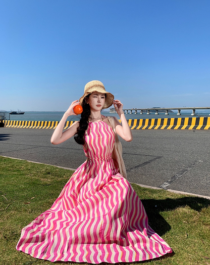 Boho-Inspired A-Line Cinched-Waist Maxi Dress Sweet Cutout Backless Stripes Print Halter Long Dress AP3472