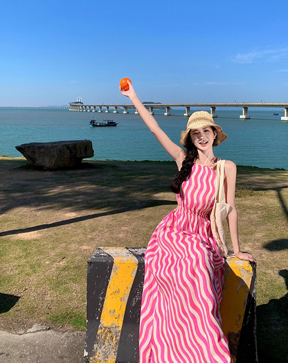 Boho-Inspired A-Line Cinched-Waist Maxi Dress Sweet Cutout Backless Stripes Print Halter Long Dress AP3472