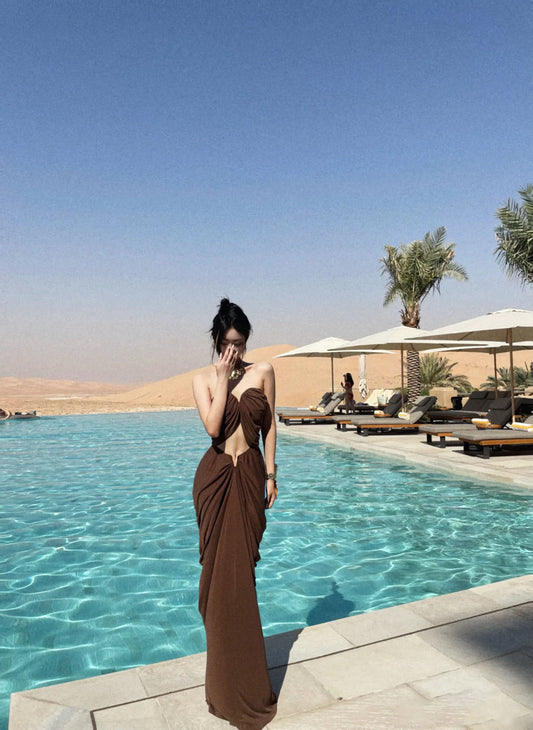 Vintage Strapless 2-Piece Set Evening Maxi Dresses Fashion Ruched Open Waist Sheath Long Dress AP3473