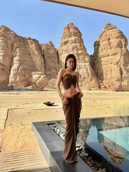 Vintage Strapless 2-Piece Set Evening Maxi Dresses Fashion Ruched Open Waist Sheath Long Dress AP3473