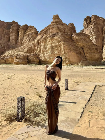 Vintage Strapless 2-Piece Set Evening Maxi Dresses Fashion Ruched Open Waist Sheath Long Dress AP3473