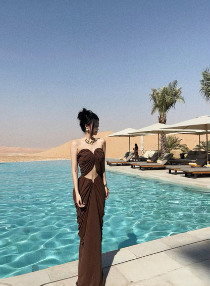 Vintage Strapless 2-Piece Set Evening Maxi Dresses Fashion Ruched Open Waist Sheath Long Dress AP3473