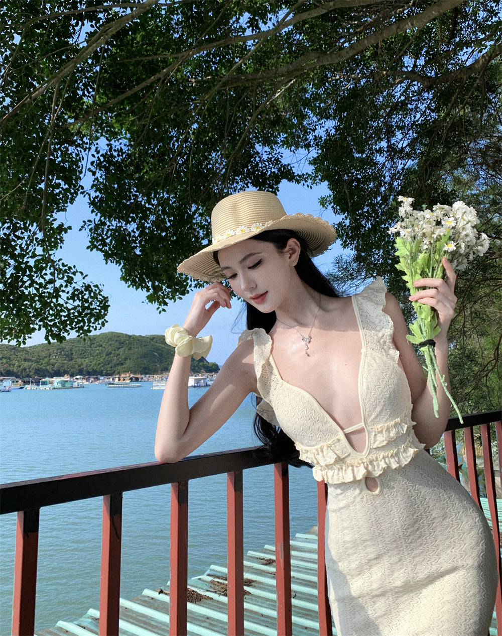 Fairy Ruffles Spaghetti Strap Evening Maxi Dress French-Inspired Crisscross Bind Cutout Long Dress AP3474