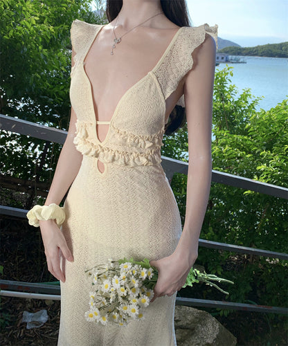 Fairy Ruffles Spaghetti Strap Evening Maxi Dress French-Inspired Crisscross Bind Cutout Long Dress AP3474