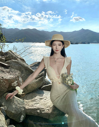 Fairy Ruffles Spaghetti Strap Evening Maxi Dress French-Inspired Crisscross Bind Cutout Long Dress AP3474