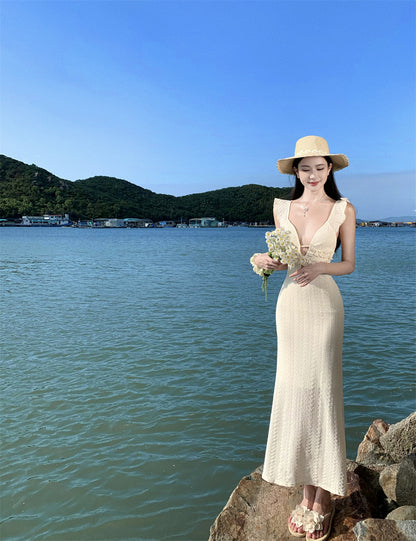 Fairy Ruffles Spaghetti Strap Evening Maxi Dress French-Inspired Crisscross Bind Cutout Long Dress AP3474