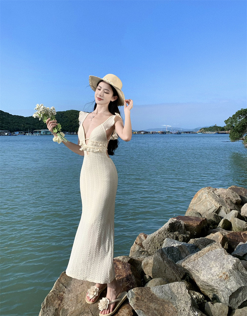 Fairy Ruffles Spaghetti Strap Evening Maxi Dress French-Inspired Crisscross Bind Cutout Long Dress AP3474