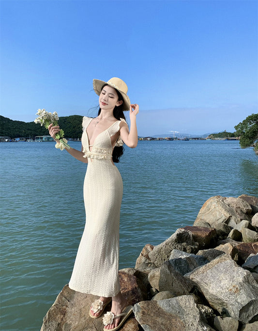 Fairy Ruffles Spaghetti Strap Evening Maxi Dress French-Inspired Crisscross Bind Cutout Long Dress AP3474