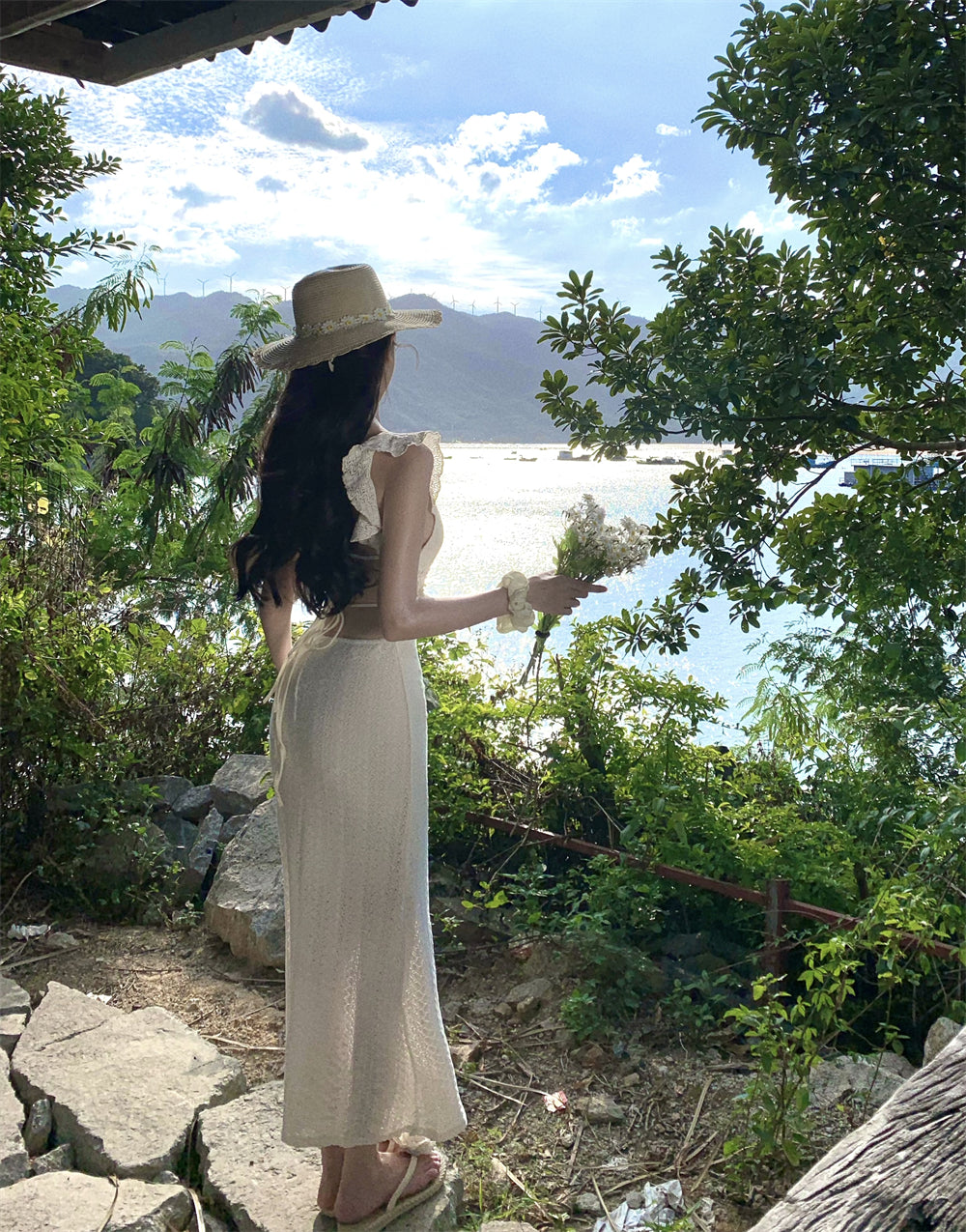 Fairy Ruffles Spaghetti Strap Evening Maxi Dress French-Inspired Crisscross Bind Cutout Long Dress AP3474