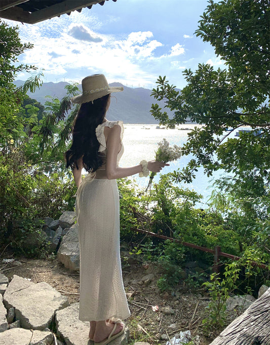 Fairy Ruffles Spaghetti Strap Evening Maxi Dress French-Inspired Crisscross Bind Cutout Long Dress AP3474