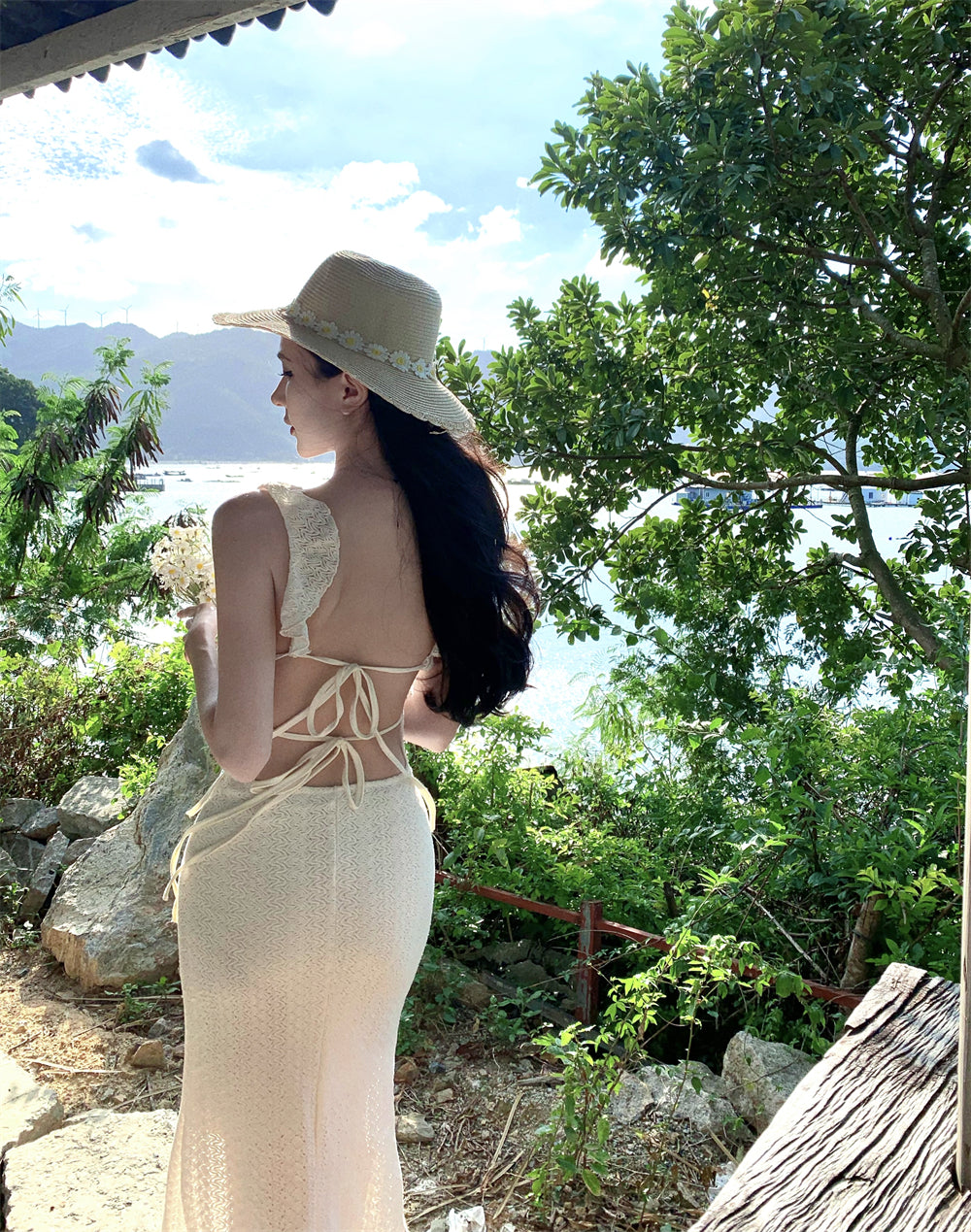 Fairy Ruffles Spaghetti Strap Evening Maxi Dress French-Inspired Crisscross Bind Cutout Long Dress AP3474