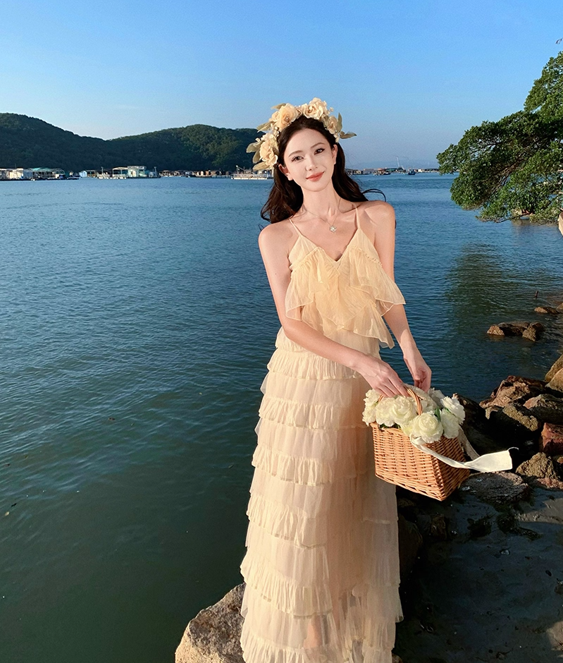 Casual Spaghetti Strap A-Line Ruffles Maxi Dress Charming Tiered Flowy Backless Long Dress AP3476