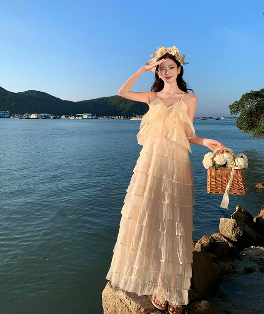 Casual Spaghetti Strap A-Line Ruffles Maxi Dress Charming Tiered Flowy Backless Long Dress AP3476