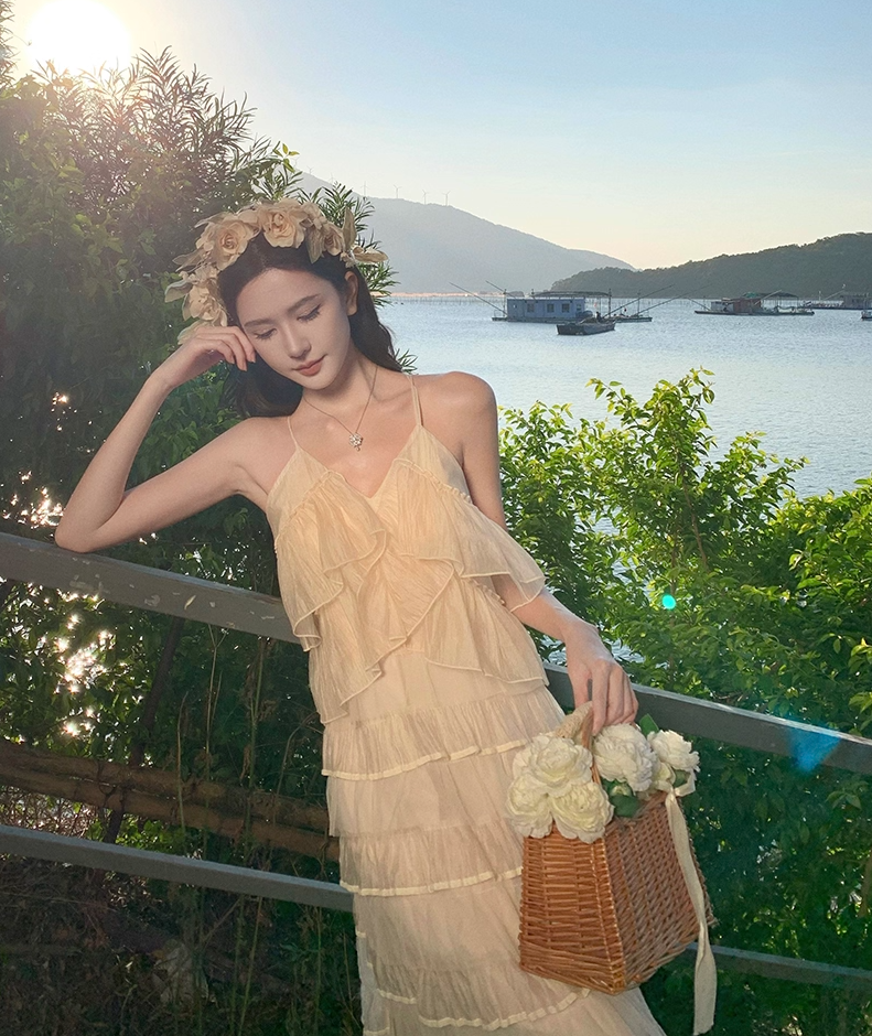 Casual Spaghetti Strap A-Line Ruffles Maxi Dress Charming Tiered Flowy Backless Long Dress AP3476