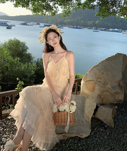 Casual Spaghetti Strap A-Line Ruffles Maxi Dress Charming Tiered Flowy Backless Long Dress AP3476