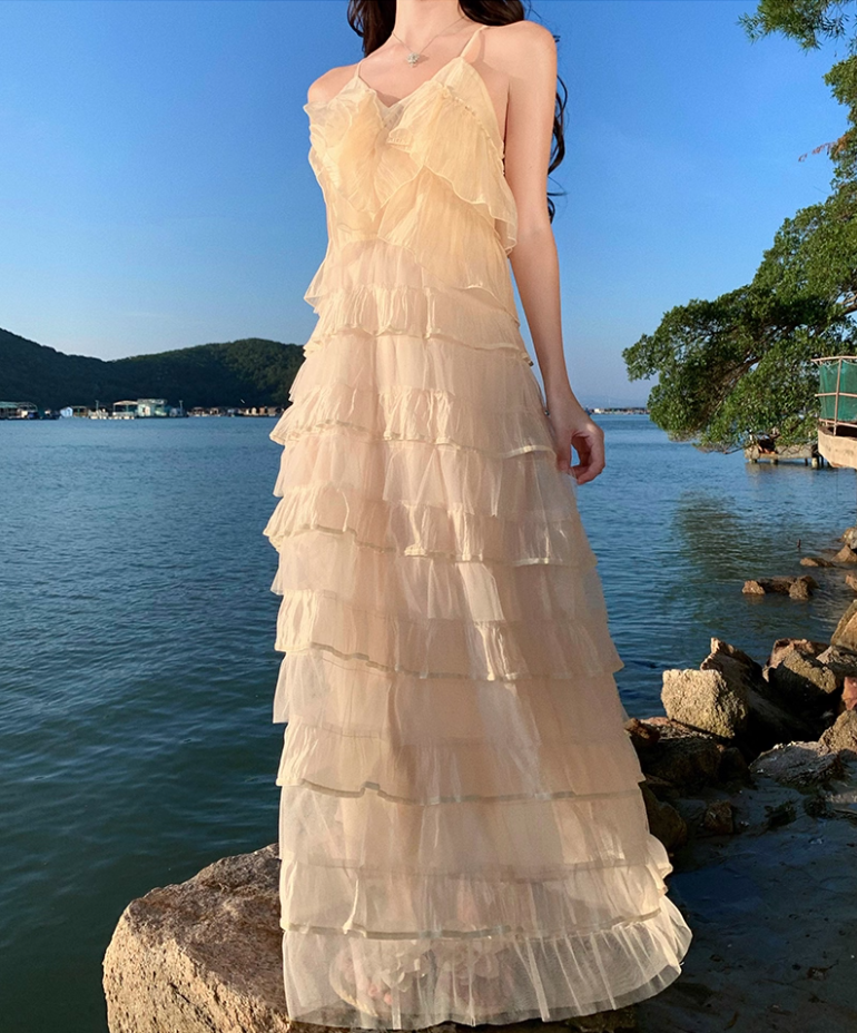 Casual Spaghetti Strap A-Line Ruffles Maxi Dress Charming Tiered Flowy Backless Long Dress AP3476