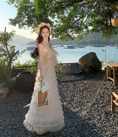 Casual Spaghetti Strap A-Line Ruffles Maxi Dress Charming Tiered Flowy Backless Long Dress AP3476