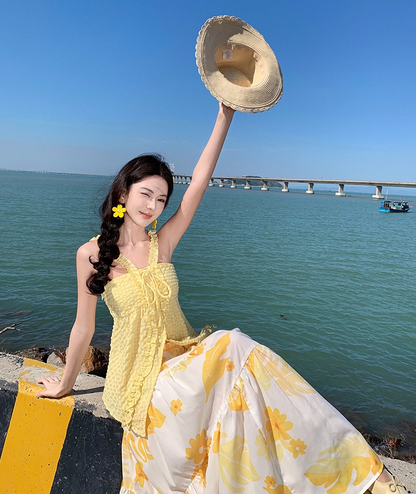 Hottie Spaghetti Strap A-Line 2-Piece Set Maxi Dress Vibrant Slit Yellow Top Flowy Floral Skirt Long Dress AP3477