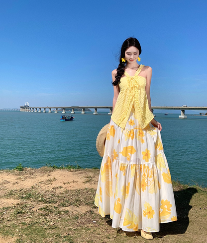 Hottie Spaghetti Strap A-Line 2-Piece Set Maxi Dress Vibrant Slit Yellow Top Flowy Floral Skirt Long Dress AP3477