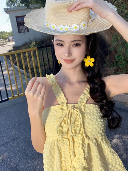 Hottie Spaghetti Strap A-Line 2-Piece Set Maxi Dress Vibrant Slit Yellow Top Flowy Floral Skirt Long Dress AP3477