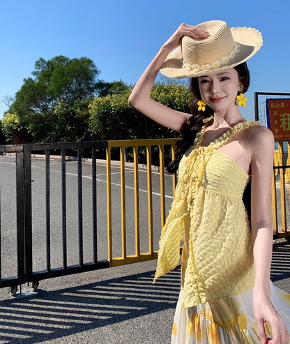 Hottie Spaghetti Strap A-Line 2-Piece Set Maxi Dress Vibrant Slit Yellow Top Flowy Floral Skirt Long Dress AP3477