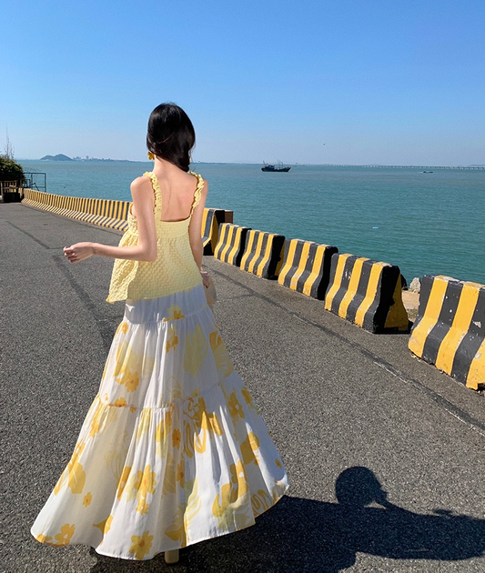 Hottie Spaghetti Strap A-Line 2-Piece Set Maxi Dress Vibrant Slit Yellow Top Flowy Floral Skirt Long Dress AP3477