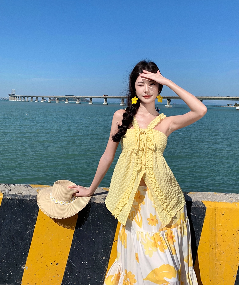 Hottie Spaghetti Strap A-Line 2-Piece Set Maxi Dress Vibrant Slit Yellow Top Flowy Floral Skirt Long Dress AP3477