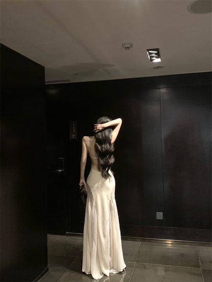 Gen Z Style Mermaid White Maxi Dress Vogue Tulle Splicing Draped Neckline Halter Long Dress AP3478