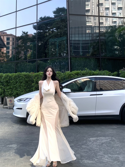 Gen Z Style Mermaid White Maxi Dress Vogue Tulle Splicing Draped Neckline Halter Long Dress AP3478