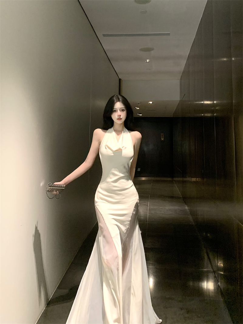 Gen Z Style Mermaid White Maxi Dress Vogue Tulle Splicing Draped Neckline Halter Long Dress AP3478
