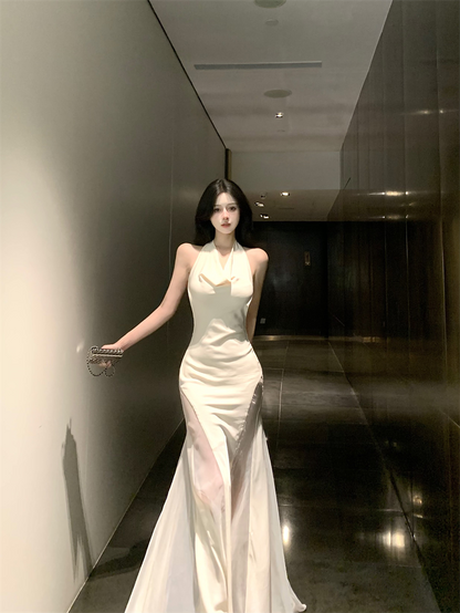 Gen Z Style Mermaid White Maxi Dress Vogue Tulle Splicing Draped Neckline Halter Long Dress AP3478