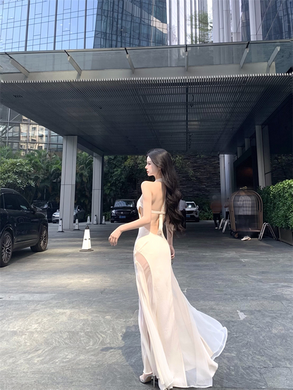 Gen Z Style Mermaid White Maxi Dress Vogue Tulle Splicing Draped Neckline Halter Long Dress AP3478