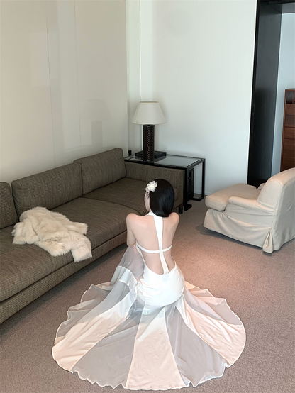 Gen Z Style Mermaid White Maxi Dress Vogue Tulle Splicing Draped Neckline Halter Long Dress AP3478