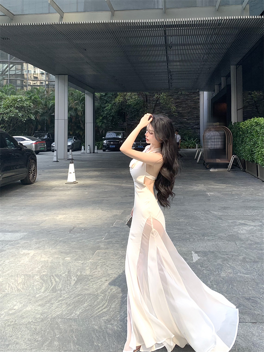 Gen Z Style Mermaid White Maxi Dress Vogue Tulle Splicing Draped Neckline Halter Long Dress AP3478