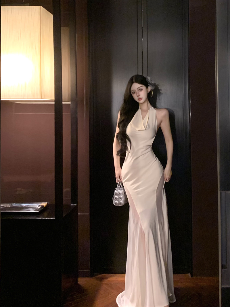 Gen Z Style Mermaid White Maxi Dress Vogue Tulle Splicing Draped Neckline Halter Long Dress AP3478