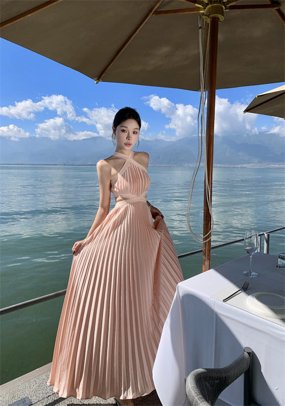 Hot Girls A-Line Pressed Pleat Sleeveless Maxi Dress Simple Jewel Neck Cutout Flowy Evening Long Dress AP3479