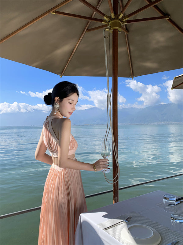 Hot Girls A-Line Pressed Pleat Sleeveless Maxi Dress Simple Jewel Neck Cutout Flowy Evening Long Dress AP3479