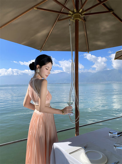 Hot Girls A-Line Pressed Pleat Sleeveless Maxi Dress Simple Jewel Neck Cutout Flowy Evening Long Dress AP3479