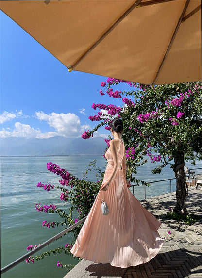 Hot Girls A-Line Pressed Pleat Sleeveless Maxi Dress Simple Jewel Neck Cutout Flowy Evening Long Dress AP3479