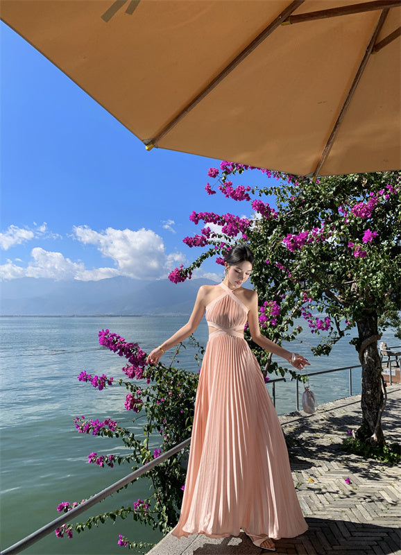 Hot Girls A-Line Pressed Pleat Sleeveless Maxi Dress Simple Jewel Neck Cutout Flowy Evening Long Dress AP3479