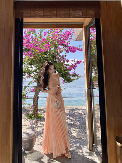 Hot Girls A-Line Pressed Pleat Sleeveless Maxi Dress Simple Jewel Neck Cutout Flowy Evening Long Dress AP3479