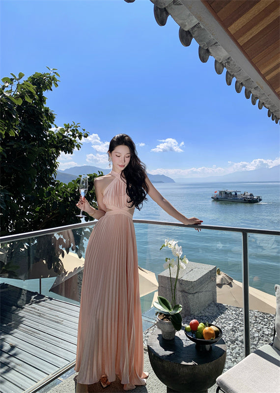 Hot Girls A-Line Pressed Pleat Sleeveless Maxi Dress Simple Jewel Neck Cutout Flowy Evening Long Dress AP3479