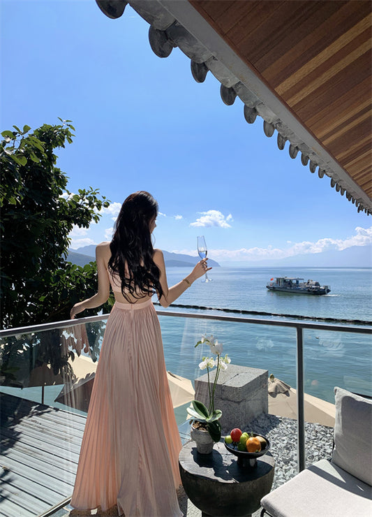 Hot Girls A-Line Pressed Pleat Sleeveless Maxi Dress Simple Jewel Neck Cutout Flowy Evening Long Dress AP3479