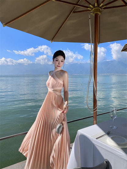 Hot Girls A-Line Pressed Pleat Sleeveless Maxi Dress Simple Jewel Neck Cutout Flowy Evening Long Dress AP3479