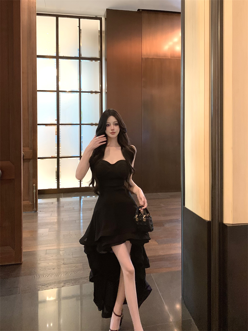 Fancy Strapless A-Line Black Maxi Dresses Sexy Ruffles Hi-Lo Hem Evening Long Dress AP3480