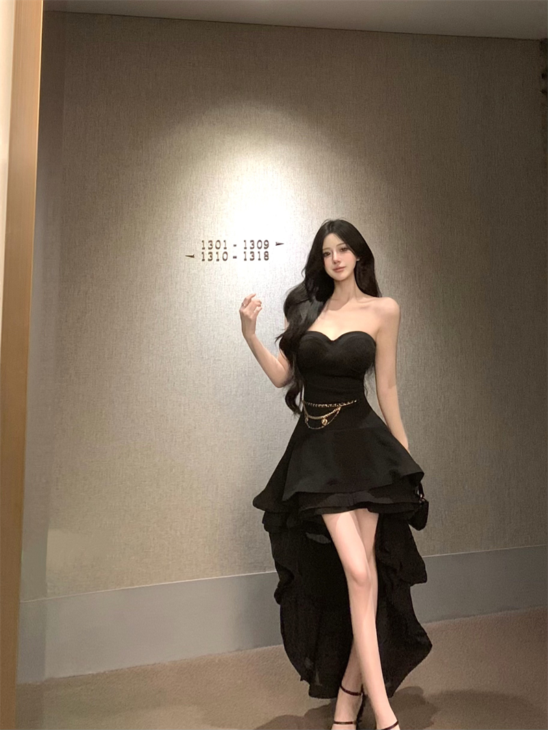 Fancy Strapless A-Line Black Maxi Dresses Sexy Ruffles Hi-Lo Hem Evening Long Dress AP3480