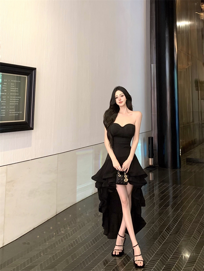 Fancy Strapless A-Line Black Maxi Dresses Sexy Ruffles Hi-Lo Hem Evening Long Dress AP3480