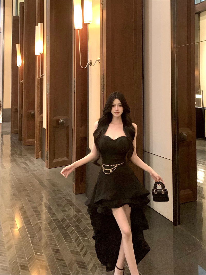 Fancy Strapless A-Line Black Maxi Dresses Sexy Ruffles Hi-Lo Hem Evening Long Dress AP3480